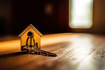 key shaped like a house resting on a wooden table