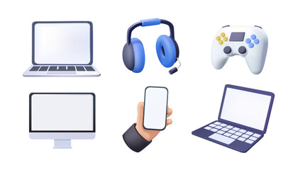 3D UI Icons set of technology isolated on white background. Computer devices 3d render vector icon set. Computer, laptop, smartphone, headphones, game console, joystick © RedVector
