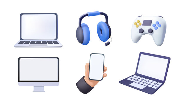 3D UI Icons set of technology isolated on white background. Computer devices 3d render vector icon set. Computer, laptop, smartphone, headphones, game console, joystick