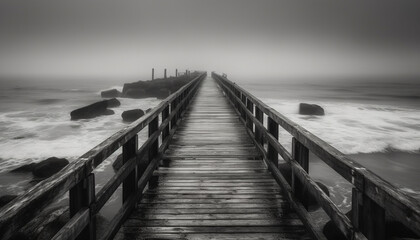 Naklejka premium Tranquil seascape: old jetty vanishing into the horizon over water generated by AI