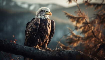 Majestic bald eagle perching on branch, talons in focus generated by AI
