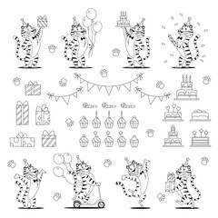 Coloring page. Cartoon smiling Birthday tigers set with balloons, presents, cakes. Cute animal characters for kids preschool activity. Black and white outline sketch. Coloring book vector illustration