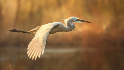 Obraz premium The elegant great egret spreads its wings in tranquil reflection generated by AI