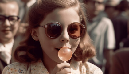 Fototapeta premium A cute, cheerful girl blowing bubbles with sunglasses on outdoors generated by AI