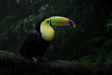 Fototapeta premium vibrant toucan perched on a rain-drenched branch
