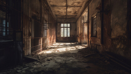 Fototapeta na wymiar Abandoned factory, spooky corridor, rusty metal, vanishing point horror generated by AI
