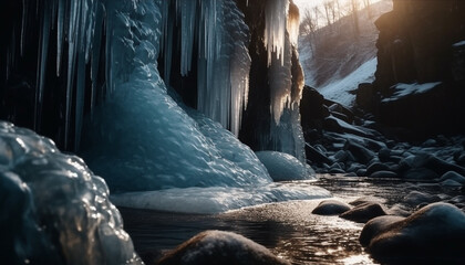 Tranquil scene: Frozen beauty in nature, mountain range reflecting sunset generated by AI