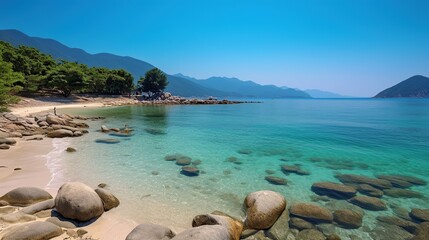 Fototapeta premium Mesmerizing scenery of a beautiful beach with blue sky in hong kong Generative AI