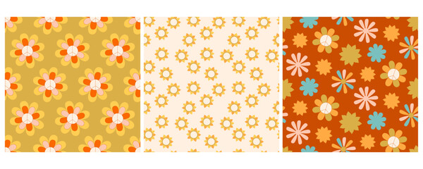 Summer Daisy Floral 70s Retro Seamless Pattern Set