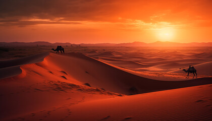 Fototapeta na wymiar Tranquil scene at sunset: majestic camel on arid sand dune generated by AI