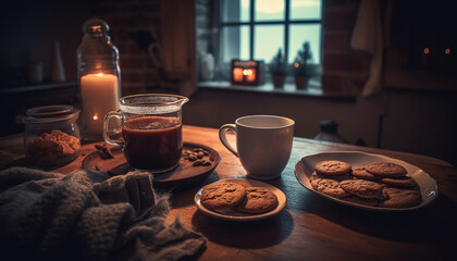 Obraz na płótnie Canvas Indulgent chocolate chip cookie and hot coffee on rustic table generated by AI