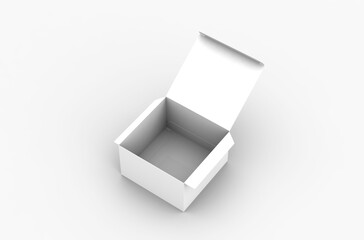 Opened square product box packaging mockup for brand advertising on a transparent background.