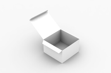 Opened square product box packaging mockup for brand advertising on a transparent background.