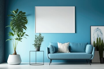cozy living room with a blue color scheme. Generative AI