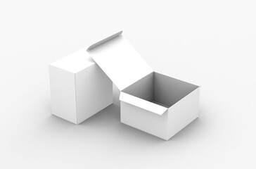 Opened square product box packaging mockup for brand advertising on a transparent background.