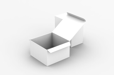 Opened square product box packaging mockup for brand advertising on a transparent background.