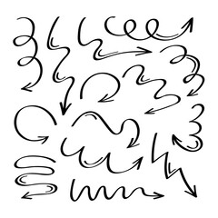Super set different shape hand drawn arrows. Doodle style curved and squiggly arrows. Vector graphic design