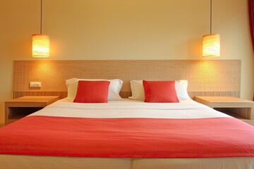 cozy bed with a red and white bedding set