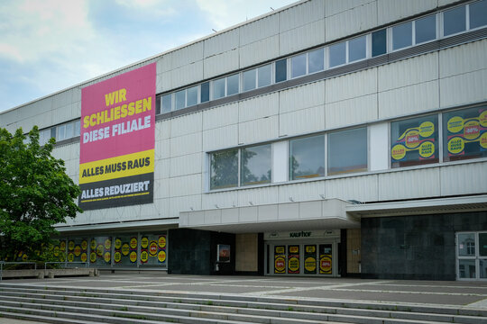 Cottbus, Germany - May 14, 2023: Galeria Kaufhof in Cottbus, which will be closed at the end of June this year. Galeria Karstadt Kaufhof plans to close over 50 locations in Germany.