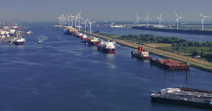 Drone panning over Europort deep sea port near Rotterdam