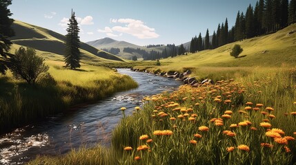 Nestled in a serene valley, a tranquil river meanders through a landscape of rolling hills and blooming meadows. The Generative AI - obrazy, fototapety, plakaty