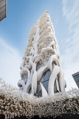 Skyscraper covered with white flowers. Architectural photography of exotic building with flowers and timeless design. Architectural concept. Realistic 3D illustration. Generative AI