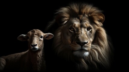 Obraz na płótnie Canvas A LION AND A LAMB SIT TOGETHER (GENERATIVE AI)