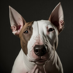Studio shot with cute bull terrier dog portrait with the curiosity and innocent look as concept of modern happy domestic pet in ravishing hyper realistic detail by Generative AI.