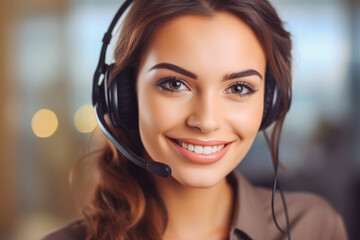 Portrait of a young attractive brown hair female with headphones smiling with the office in the background. Generative AI