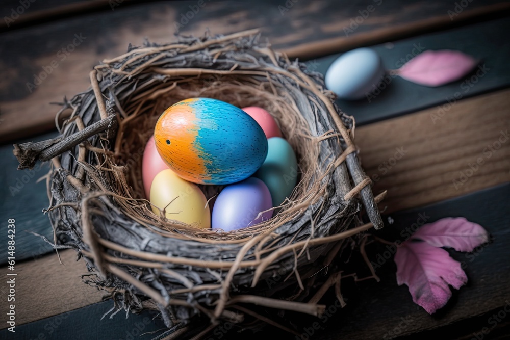 Poster birds nest filled with colorful eggs on a rustic wooden table. generative ai