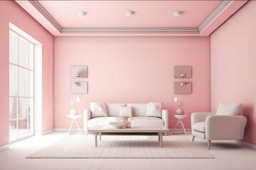 Beautiful interior of the living room with comfortable sofa in plain monochrome pastel pink color. Generative AI