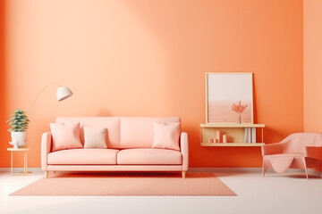 Beautiful interior of the living room with comfortable sofa in plain monochrome pastel pinkish orange color. Generative AI