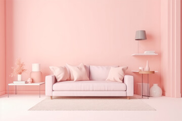 Beautiful interior of the living room with comfortable sofa in plain monochrome pastel pink color. Generative AI
