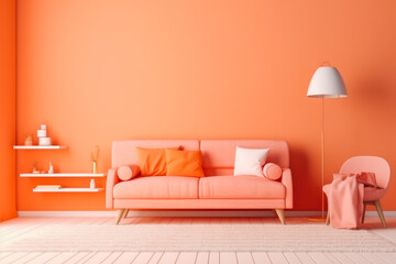 Beautiful interior of the living room with comfortable sofa in plain monochrome pastel pinkish orange color. Generative AI