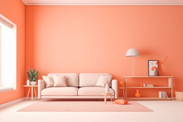 Beautiful interior of the living room with comfortable sofa in plain monochrome pastel pinkish orange color. Generative AI