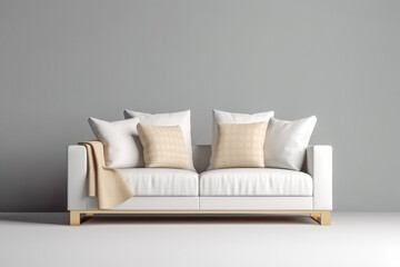 Modern textile Ikea white sofa with pillows, comfortable looking. Generative AI