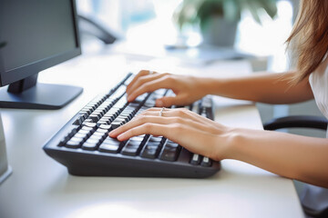 Woman's hands typing on a office keyboard with office in the background. Generative AI
