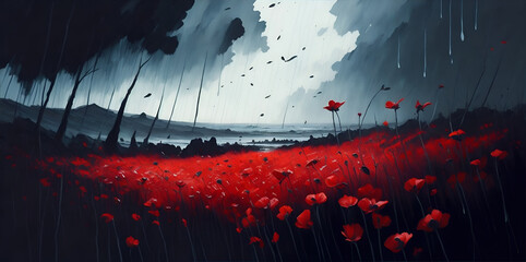 Meadow with wild Poppies flowers watercolor paint. AI generated illustration