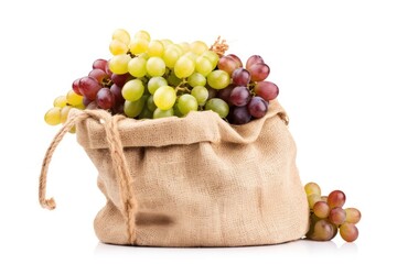 white background with a bunch of fresh green grapes in a brown paper bag