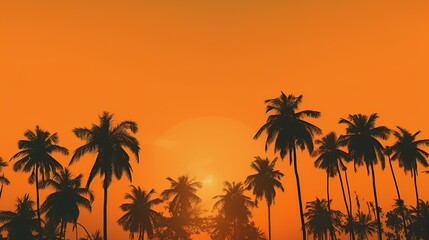 Fototapeta na wymiar Orange gradient morning sky with tall palm trees silhouettes background Generative AI