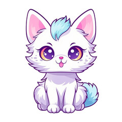 A cartoon cat with big eyes and a fluffy tail, Sticker, Playful, Pastel, Kawaii, Contour, Vector, White Background, Detailed