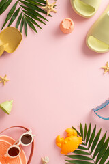 Idyllic summer journey with your little ones as depicted in this top view vertical snapshot with shells, sand playthings, slippers, sunglasses on a calming pink isolated background with copyspace