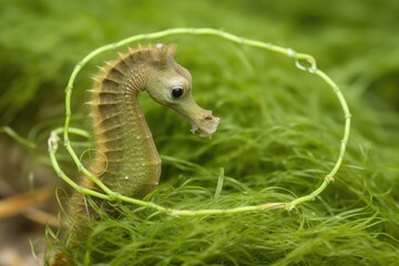 detailed close-up of a seahorse in a bed of seagrass