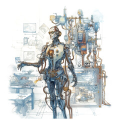 watercolor steampunk robot in a lab isolated on a white background made with AI generative technology