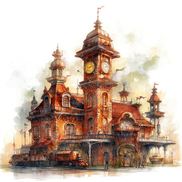 watercolor steampunk fantasy clock tower isolated on a white background made with AI generative technology