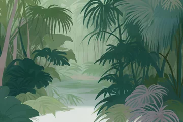 Zelfklevend Fotobehang Jungle illustration in pastel colors. Painted beautiful tropical forest with exotic plants, palm trees, big leaves and ferns. Thicket of the rainforest. Simple nature drawing. Generative AI © Aleksei Solovev