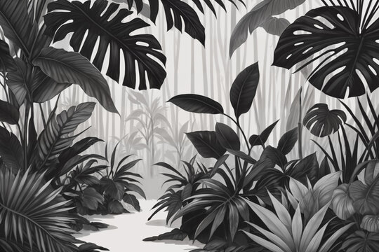Jungle illustration in grayscale. Painted beautiful tropical forest with exotic plants, palm trees, big leaves and ferns. Thicket of the rainforest. Nature drawing. Generative AI
