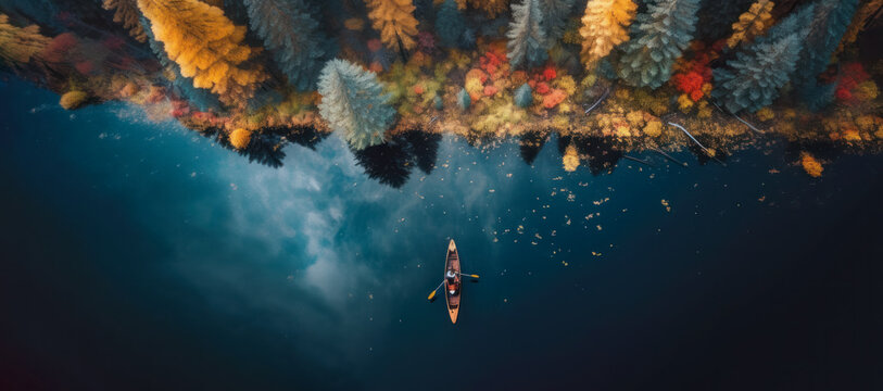 Person rowing on a calm lake in autumn, aerial view only small boat visible with serene water around - lot of empty copy space for text. Generative AI