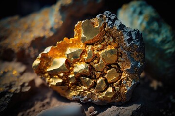 Obraz premium close-up view of a golden mineral specimen on a rock. Generative AI