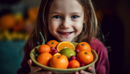 Fototapeta na wymiar Cute, smiling girl holding fresh citrus fruit, enjoying healthy eating generated by AI